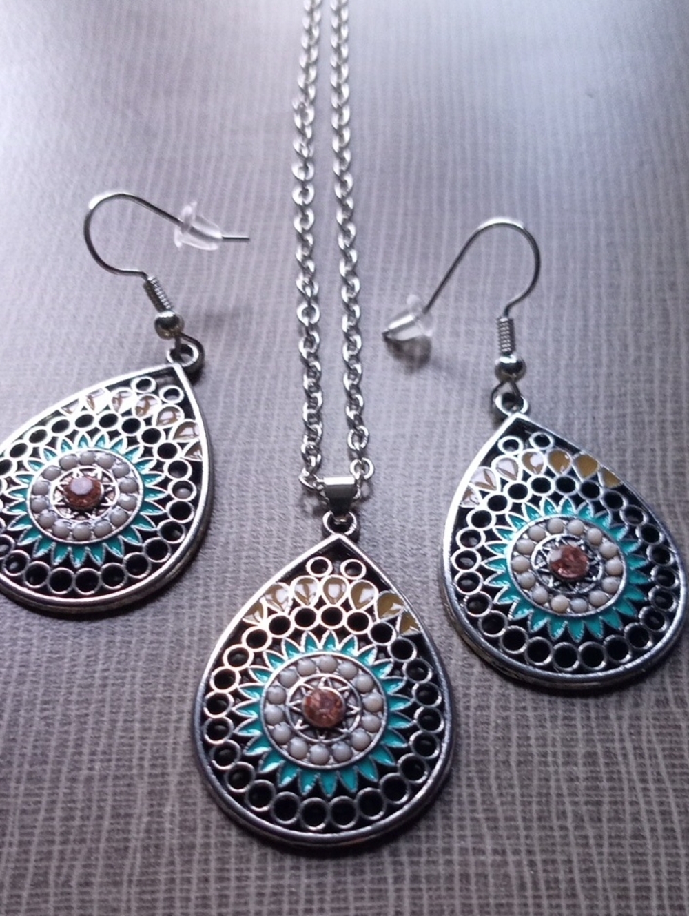 Silver Teardrop Pendant Necklace & Earrings Set with Turquoise Accents